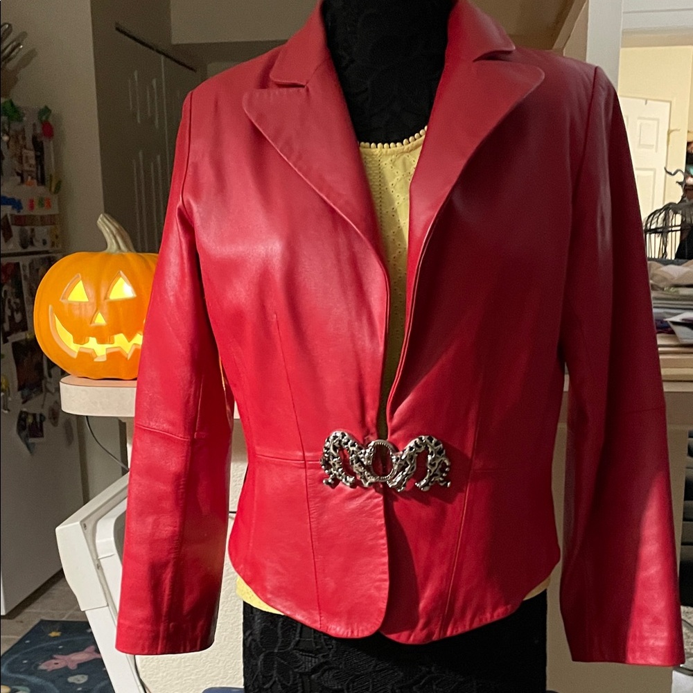 Outerwear by Lisa Red Blazer with Embellished Closure 100 percent lambskin